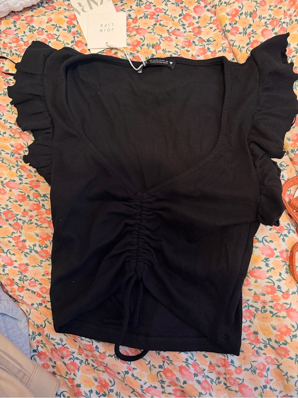 Zara Black Ruched Crop Top with Ruffle Sleeves